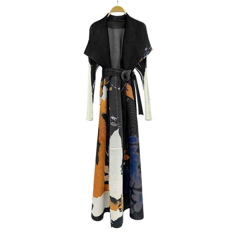 Pleats Pleated Abaya Long Printed Jacket Trench Windbreaker Evening Gown 2025 Autumn New Loose Extended Coat Women Clothing