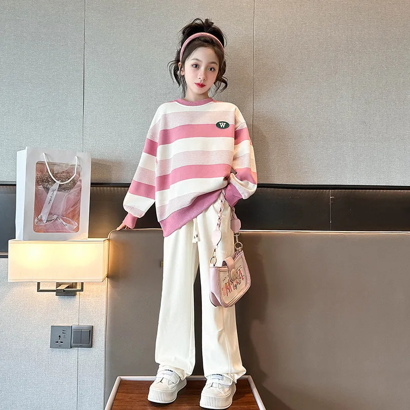 Spring Autumn Girls Cotton Loose Contrast Stripes Sweatshirt School Kids Track Pullover Coat Tops Children Workout Jumper 5-16Yr 250716