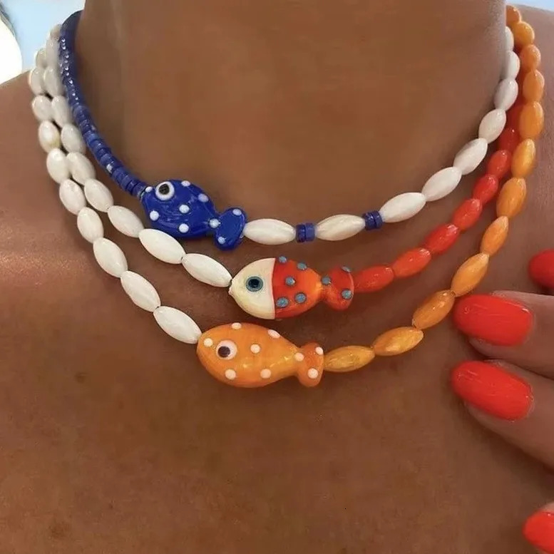 Cute Orange Ceramic Fish Necklace for Her Romantic Small Fish Starfish Necklace Summer Beach Jewelry for Gift 250715