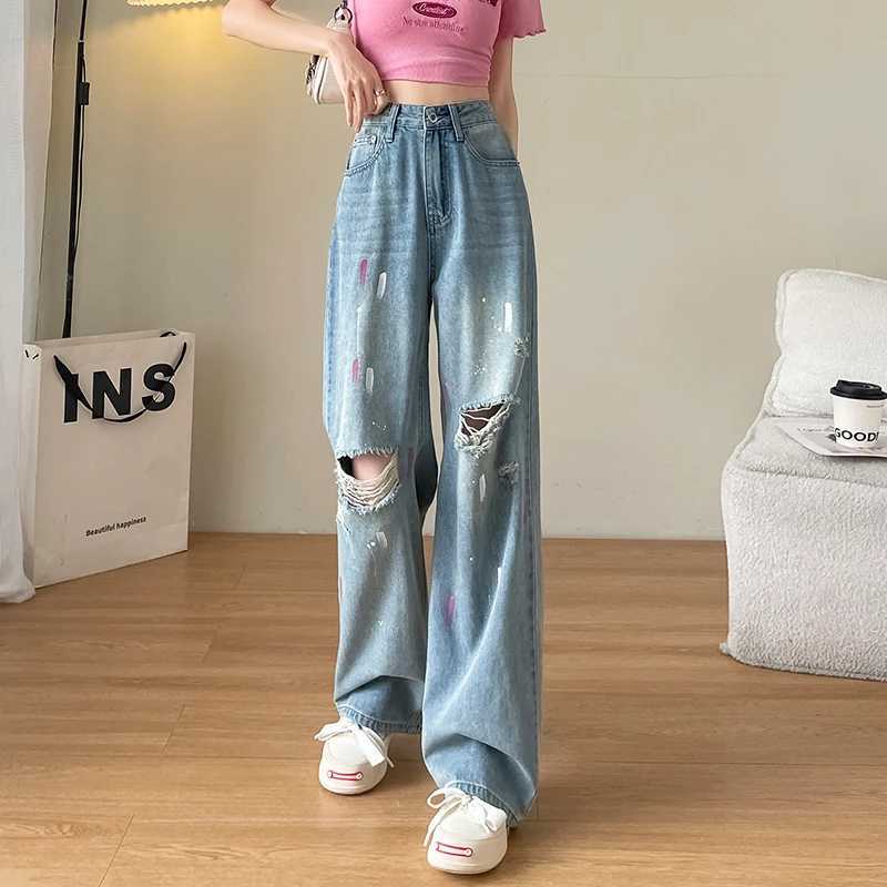 2025 Summer Women Wide Leg Jeans High Waist Hollow Out Baggy Pants Loose Straight Frayed Ripped Jeans Painting Streetwear R250716