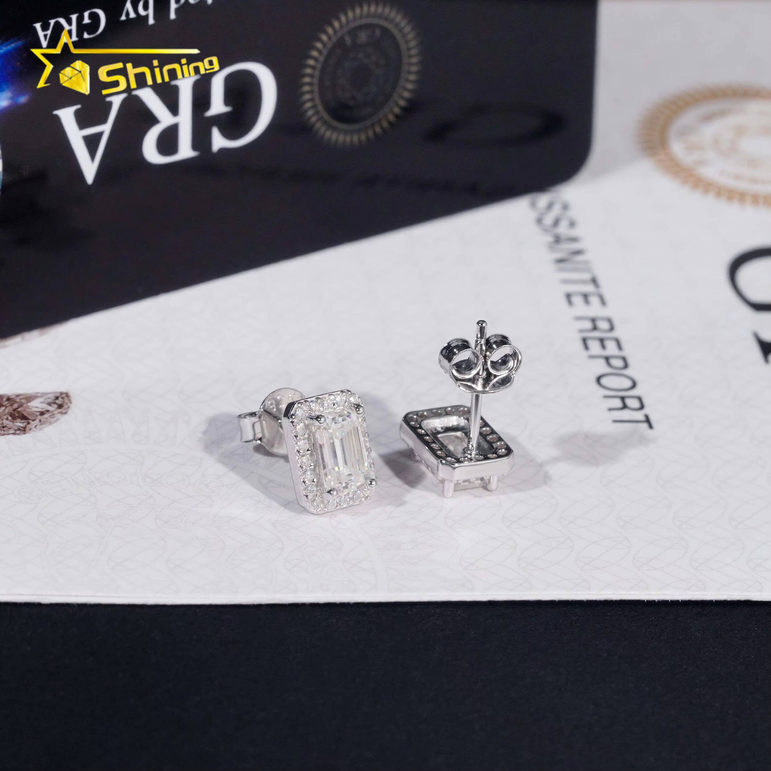 Emerald Cut Halo Earring Hip Hop Jewelry Iced Out VVS Diamond Moissanite White Gold Plated 925 Sterling Silver Stud Earrings