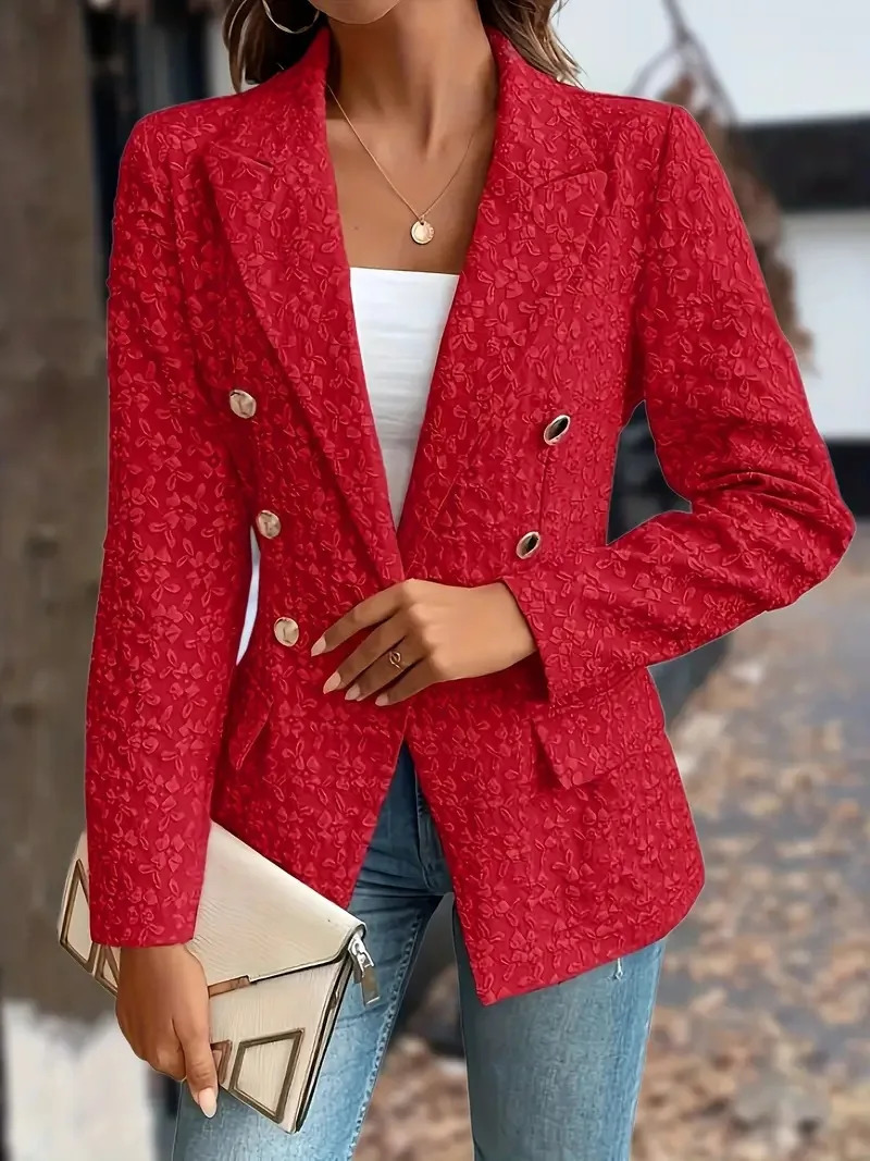 Women Fashion Blue Blazer Jacket Office Lady Double Breasted Pockets Vintage Female Coat 250715
