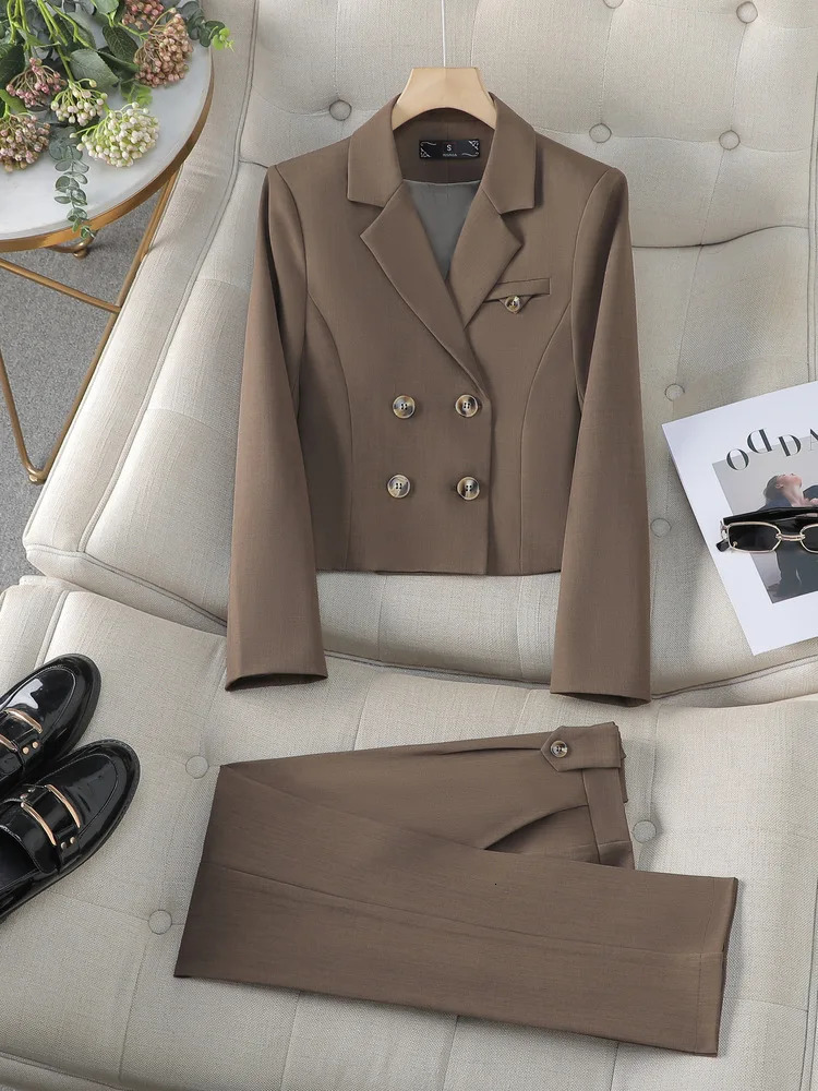 Solid Suits for Women 2024 Spring Fashion Office Ladies Long Sleeve Double Breasted Short Tops Chic Slim High Waisted Pant 250714