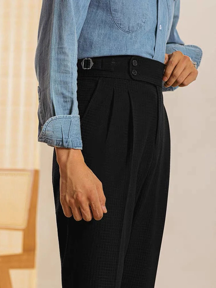 2025 Summer Casual Slim Straight Trousers Mens Naples Style Belt High Waist Suit Pants Men Fashion Waffle Plaid Solid Pants 250707
