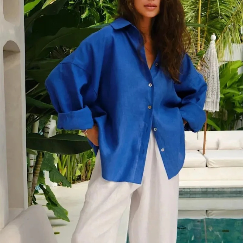 D.Nale K White Womens Linen Shirts Elegant Long Sleeve Loose-Fitting Woman Blouse Vintage Basic Top Collar Shirt for Women 250715