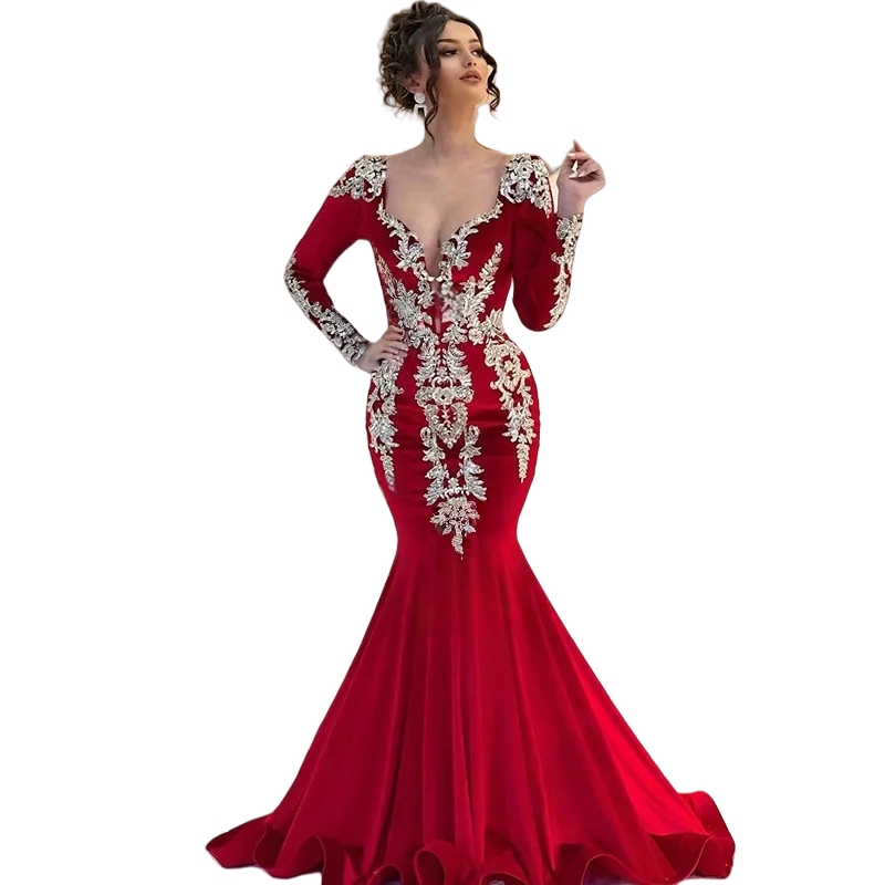 Elegant Red Velvet Mermaid Prom Dresses With Gold Lace Appliques Floor Length Long Sleeves Evening Gown For Women 2025 Chic African Arabic Formal Part