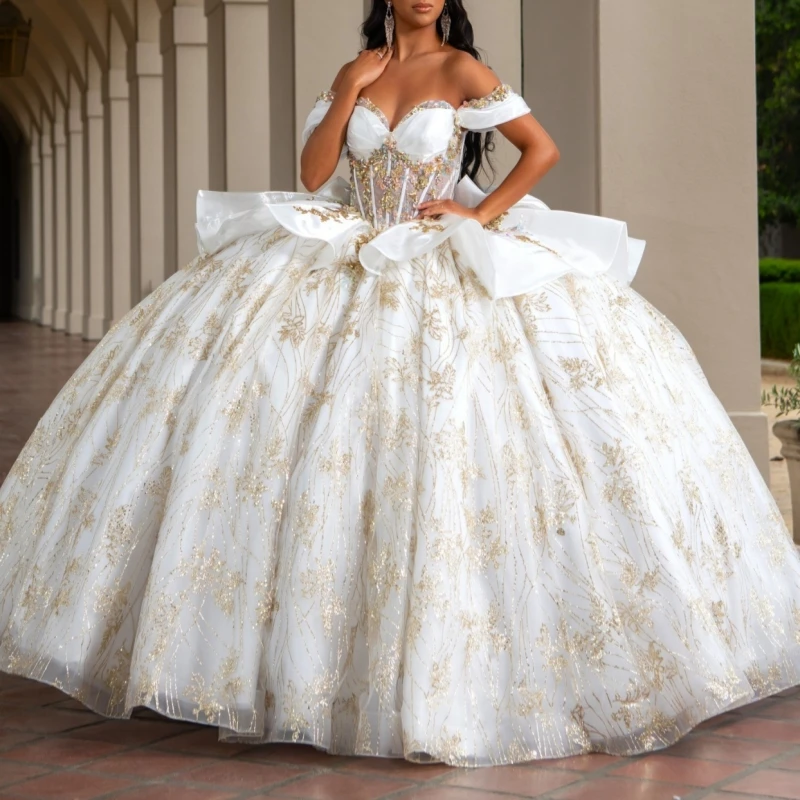 White Shiny Quinceanera Dresses Ball Gown Off The Shoulder Sequin Gold Applique Lace Beads Tull Sweet 16 Dress Vestidos 15 De Anos