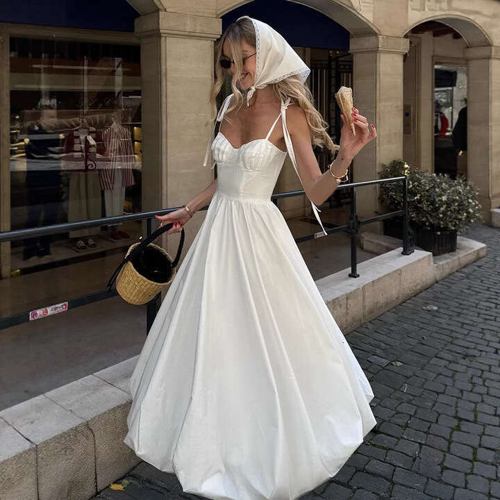 Strap Balloon Summer Waist-Cinching Puff Sleeve Large Swing Pure Cotton Dress For Women B5