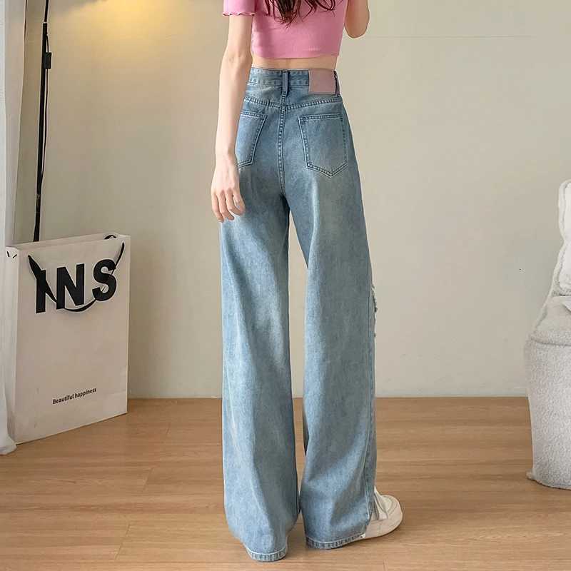 2025 Summer Women Wide Leg Jeans High Waist Hollow Out Baggy Pants Loose Straight Frayed Ripped Jeans Painting Streetwear R250716