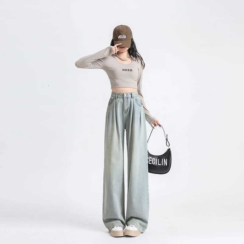 Autumn Woman Jeans High Waist Wide Leg Cotton Denim Clothing Straight Pants Fashion Comfort Retro Blue Casual Trousers R250716