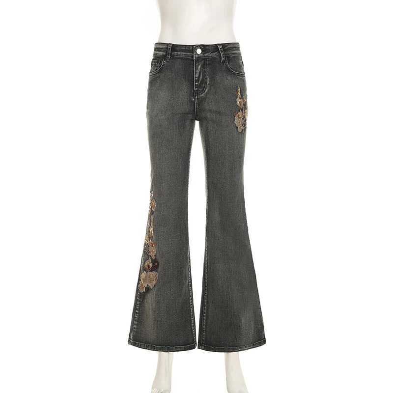100% Cotton Elegant Embroidered Womens Straight Jeans Low Waist Sequined Print Denim Trouser Y2K Streetwear Pants Grunge Clothing R250716