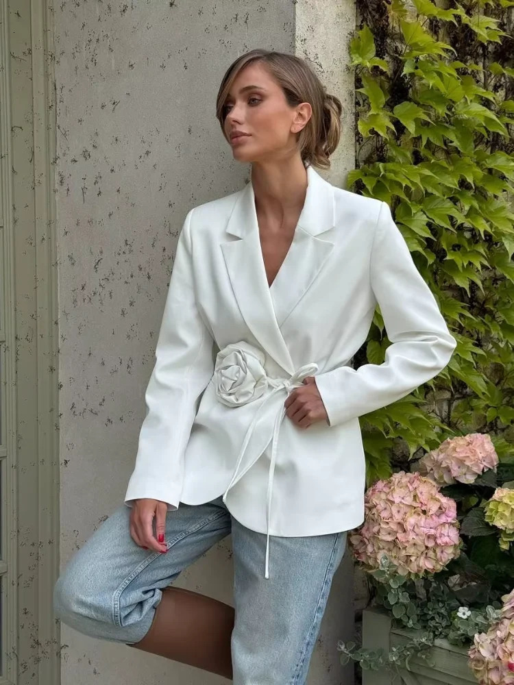Elegant Flower Lace Up Blazer Women Solid Laple Pad Shoulder Long Sleeve Loose Coats 2025 Fashion Street Office Lady Outwears 250715
