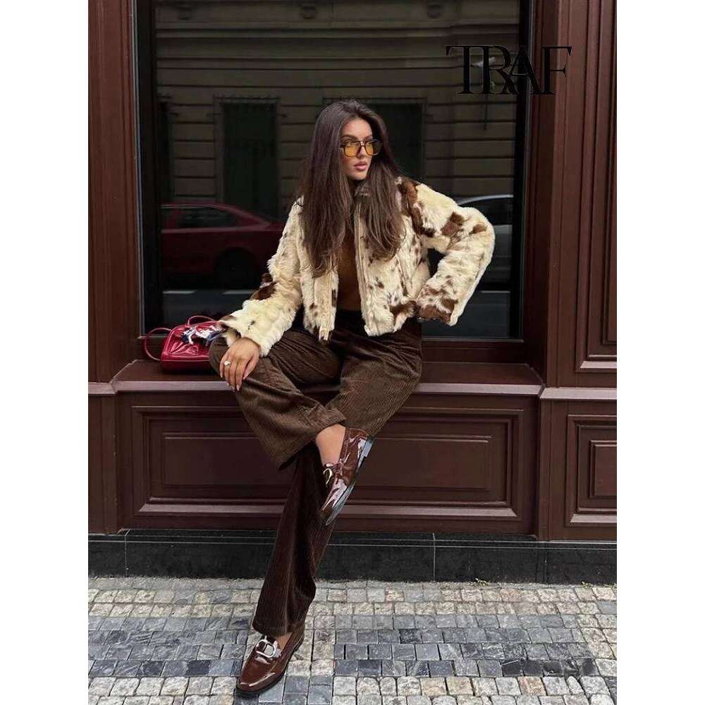 TRAF Fashion Printed Women's Fluffy Faux Fur Elegant Lapel Long Sleeve Winter Thickened High Street Warm Coat