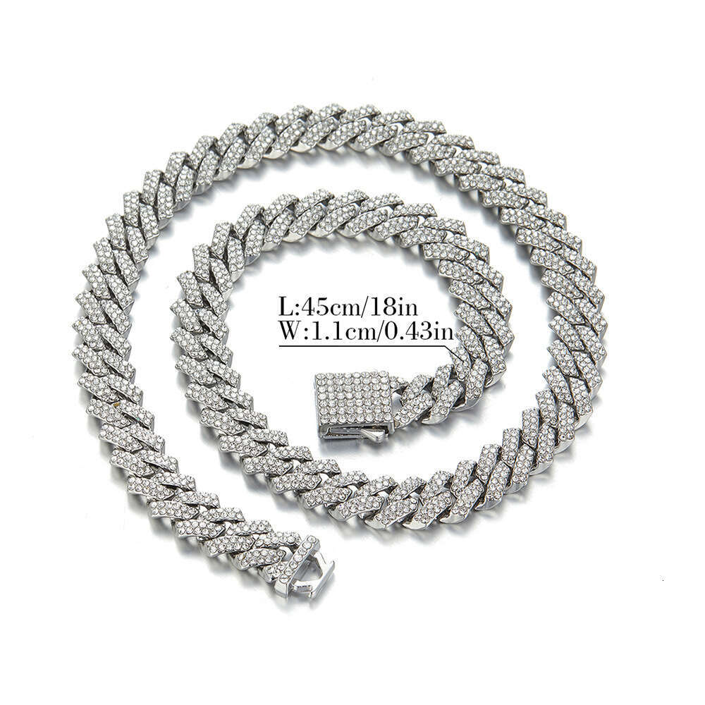 New 11mm Rhombus Alloy Rhinestone Cuban Necklace for Men and Women Hip Hop Style