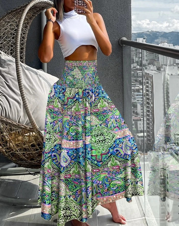 SpringSummer Womens Vacation Trousers Latest Casual Vintage Boho Tribal Floral Print High Waist Shirred Wide Leg Pants 250717