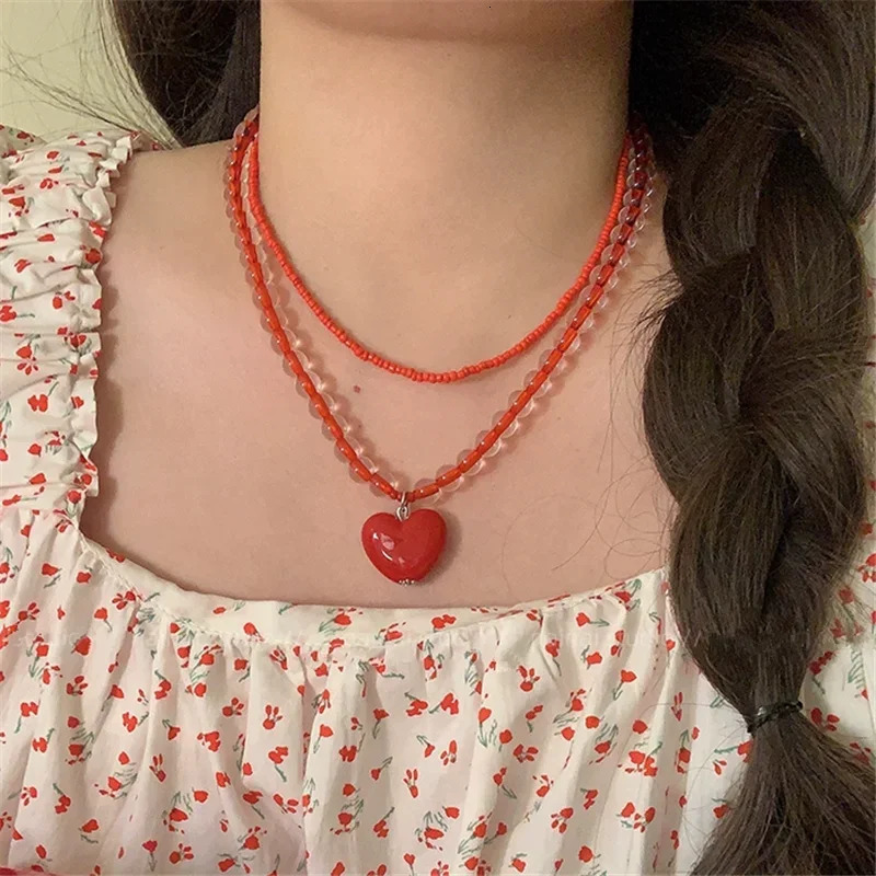 Kpop Fashion Heart Fruit Tomato Bowknot Pendant Colorful Beaded Necklace Woman Aesthetic Jewelry Cute Summer Y2K EMO Accessories 250715