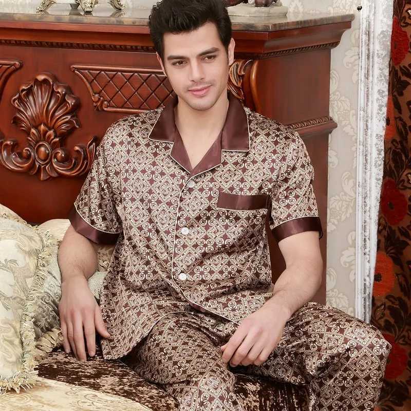 High Quality Mens Pajamas Suit Summer Imitation Ice Silk Sleepwear Thin Short-sleeved Trousers Two-piece Loungewear Suit Male W250717