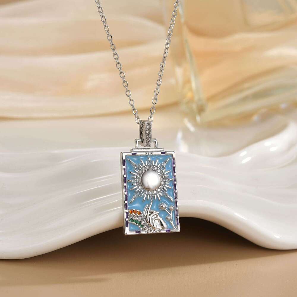 Vacation Style Colorful Tarot Card Necklace Square Inlaid Zircon Pendant Seahorse Dolphin Palm Tree Marine Life Clavicle Chain For Women F38