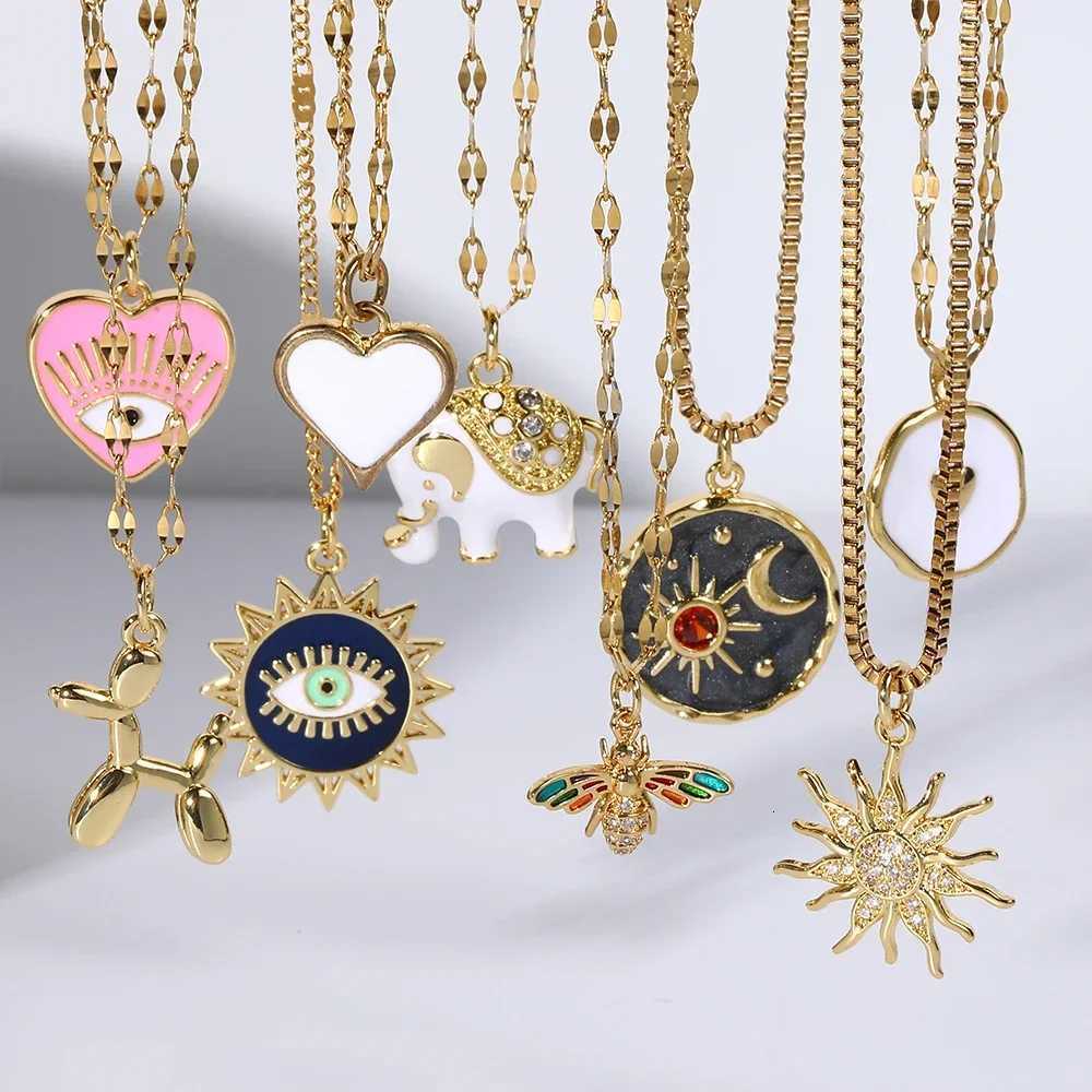 Heart Evil Blue Eye Sun Necklace for Women Cute Dog Bee Elephant Gold Color Pendant Womens Necklaces Long Stainless Steel Chains XJ250717