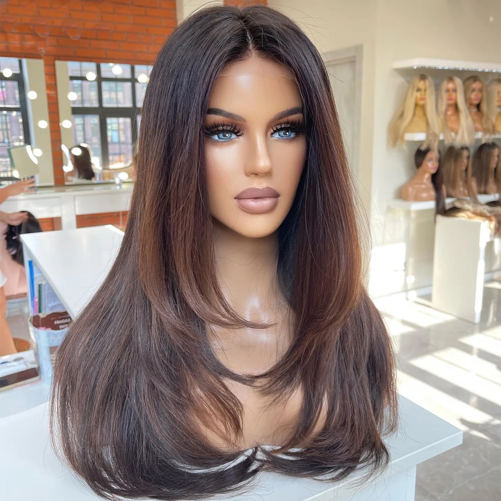 Layered Dark Brown Colored Wig Highlight 360 Full Lace Wigs Human Hair Lace Front Wigs Brazilian Hair For Women Natural Hairline