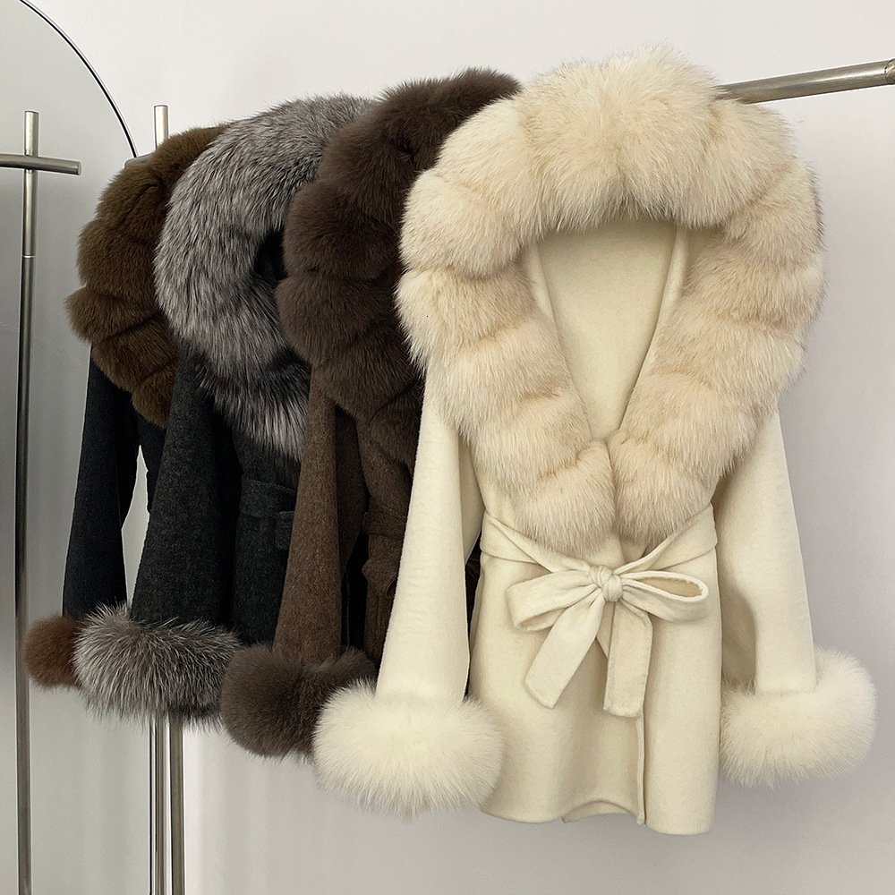 Petite Wool High-End Feel Winter New Oversized Fox Fur Collar Double-Sided Wool Coat Womens Woolen Jacket241111