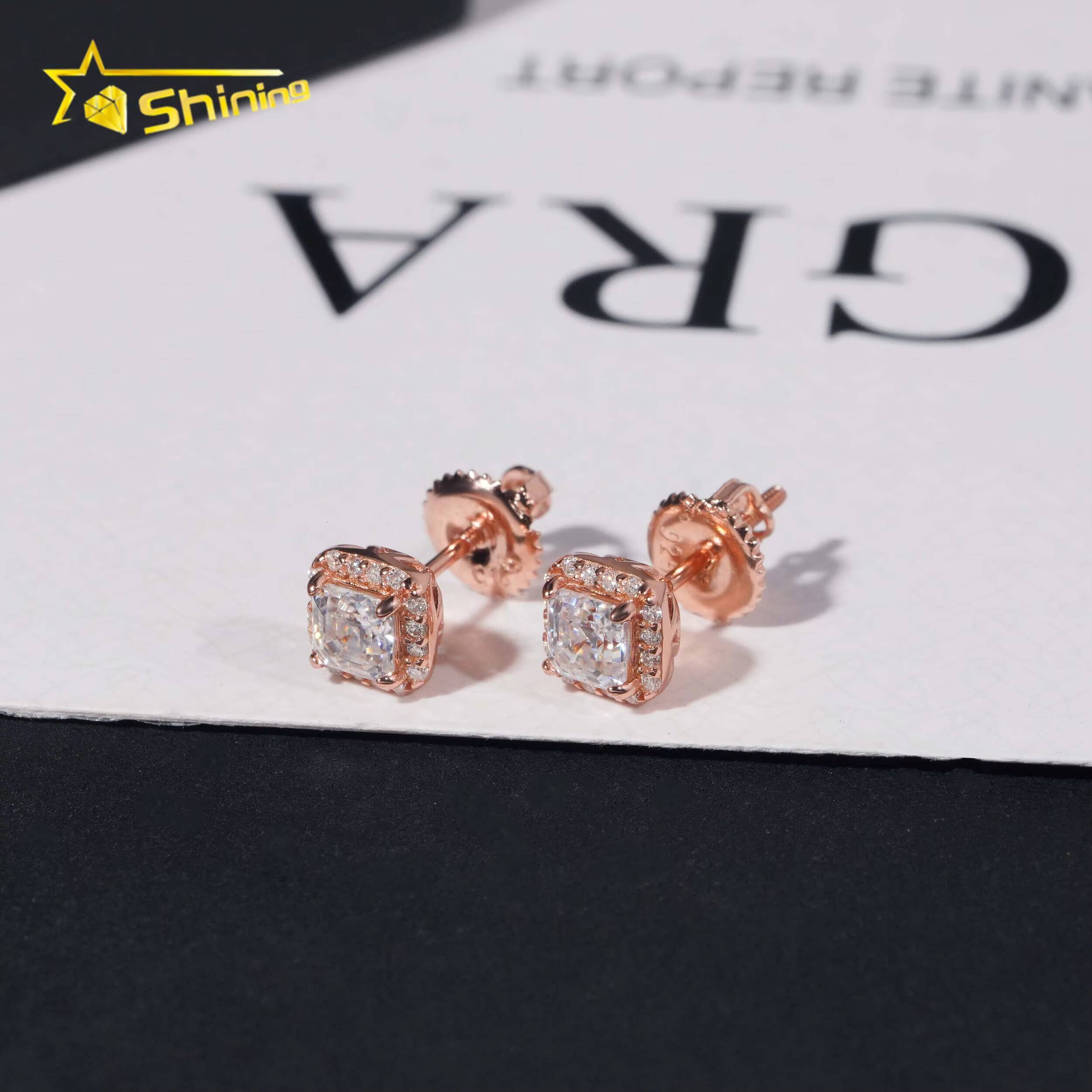 Pass Diamond Tester 925 Sterling Silver Hip Hop Stud Halo 4mm Asscher Cut Mens VVS Diamond Earring