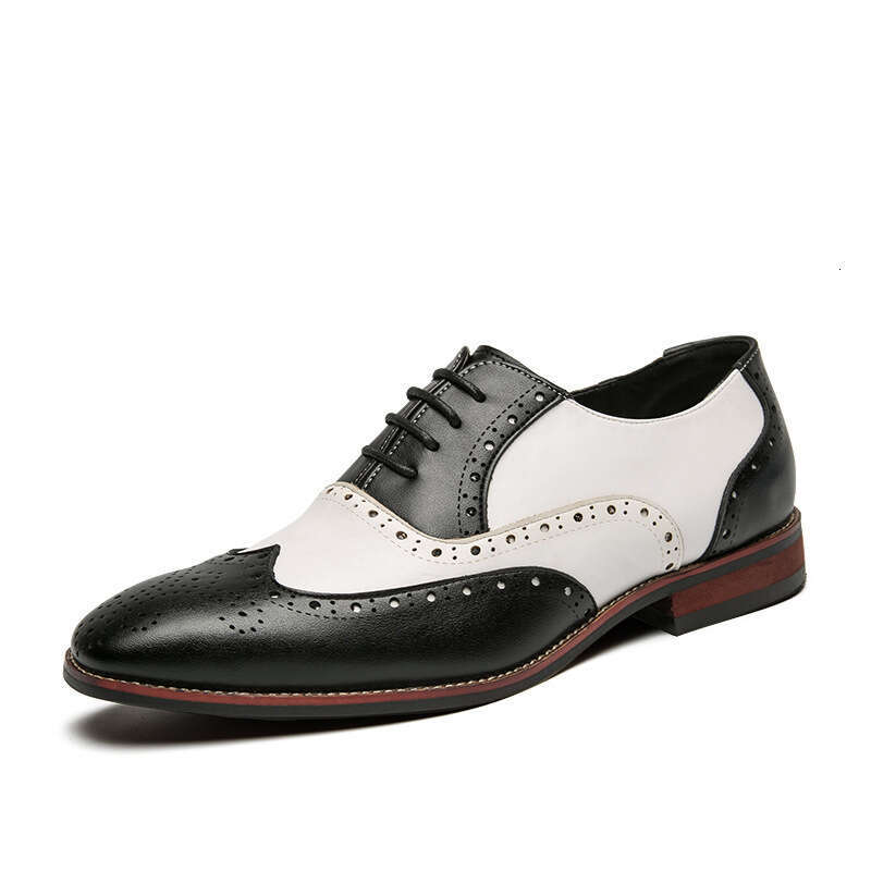 Brogue Leather British Style Carved Pattern Color Block Casual Studio Wedding Photo Black and White Large Size Men's Shoes