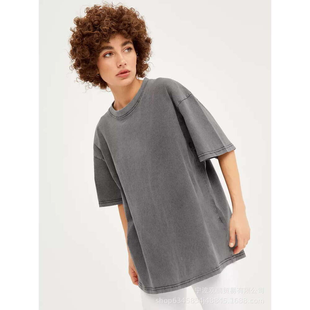 Spring Summer New Solid Color T-Shirt Women Washed Vintage Wax-Dyed Top Pure Cotton Short Sleeve B5