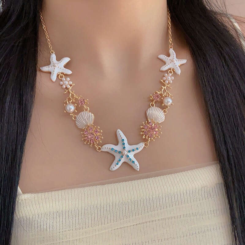 New Starfish Shell Necklace for Women Versatile Summer Beach Vacation Photo Collarbone Chain Sweet Cool Girl Style Accessory