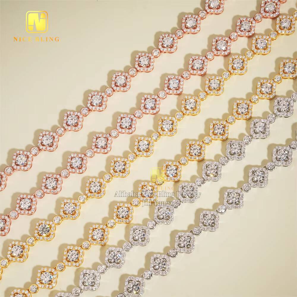 Clover Jewelry Cuban Links Chain Fancy Style Tennis Chain 925 Silver Pass Diamond Tester GRA Moissanite Tennis Bracelet