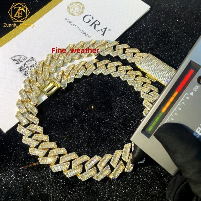 Luxury Big 20mm Hip Hop Baguette Moissanite Cuban Link Chain Gold Plated 925 Sterling Silver VVS Diamond Cuban Necklace