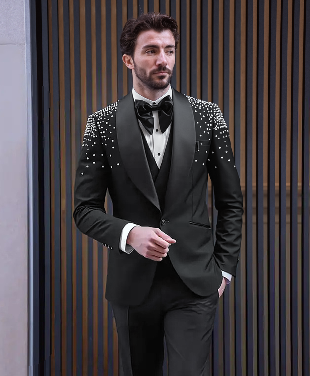 New Fashion Beads Jacquard 2 Pieces Men Suits One Button Shawl Lapel Tuxedo Slim Wedding Groom Prom Plus Size Costume Homme Bridegroom Tailor Made Coa