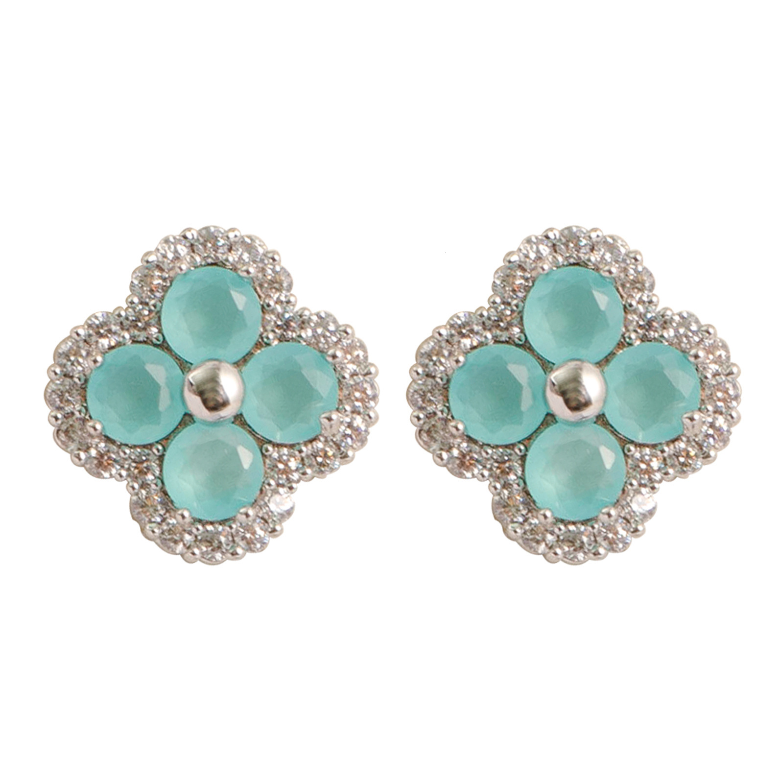 Korean Version Super Fairy Sweet Jelly Color Full Dia Zircon Four-Leaf Clover Suower Earrings for Women Sparkling Versatile Sier Needle Ear Jewelry