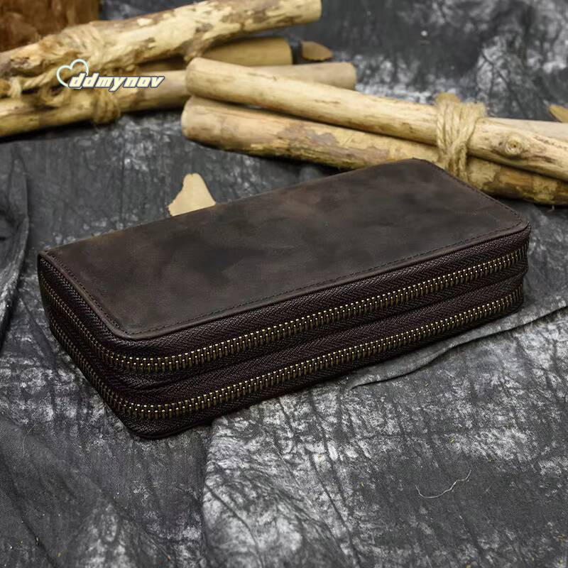 Retro Crazy Horse for Men Clutch Purse Double Zipper 24 Cards Clutches Vintage Woman Genuine Leather Long Wallet ddmynov