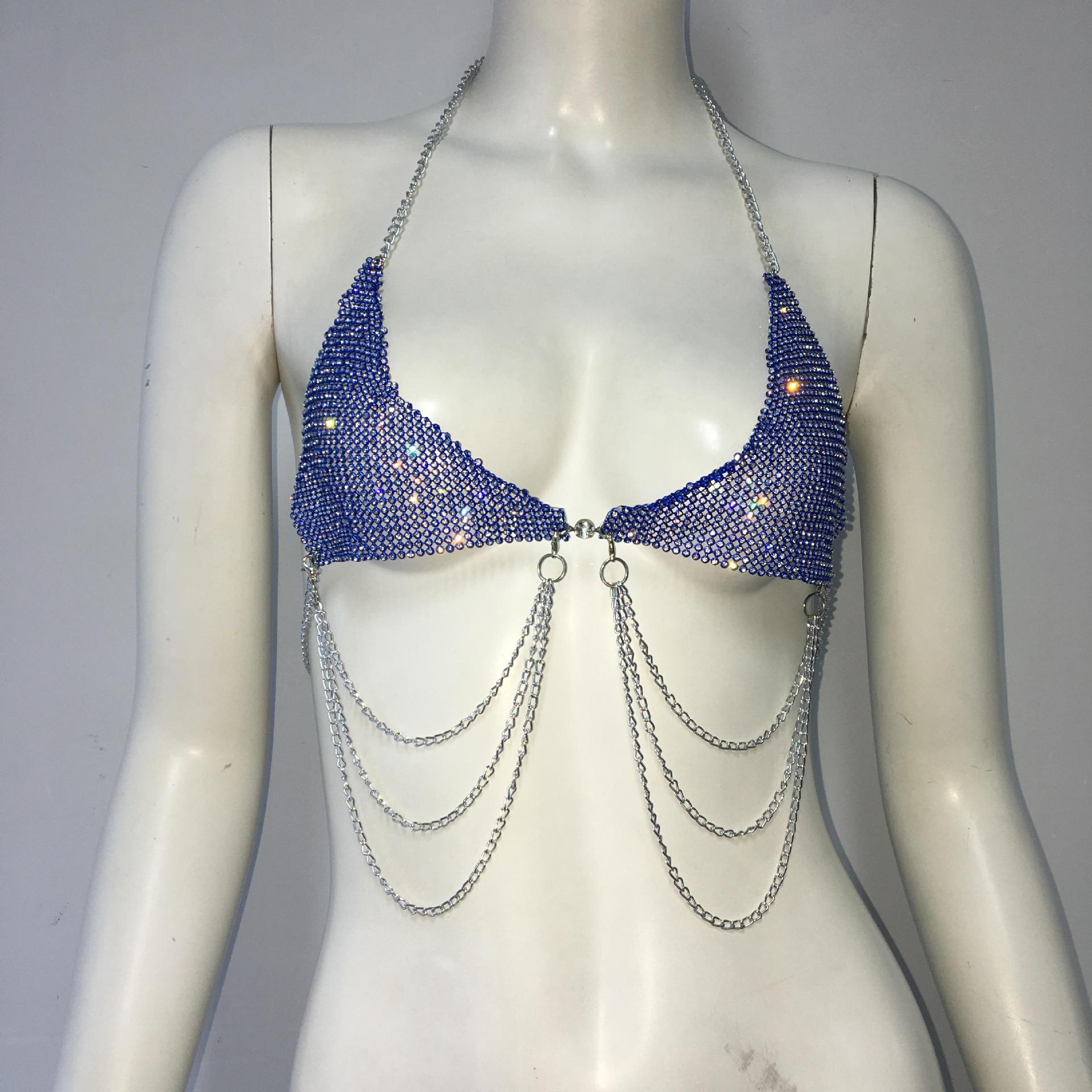 Women's Swimwear Blue metal sequin Cami top Sparkling diamond halter cami Music festival hot girl outfit Chain cami