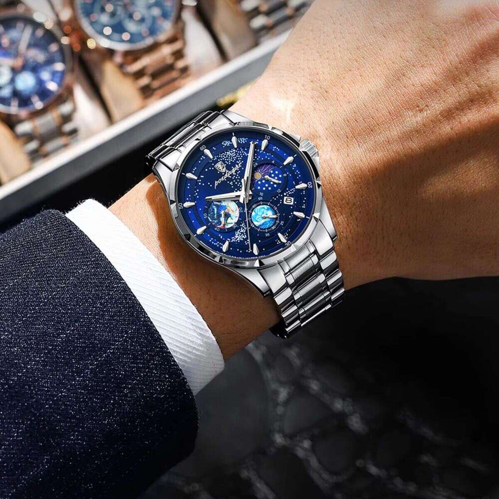 DHwatches Men's Multifunction Sports Watch - 50M Waterproof Stainless Steel Chronograph with Moon Phase & Date (Model 916)