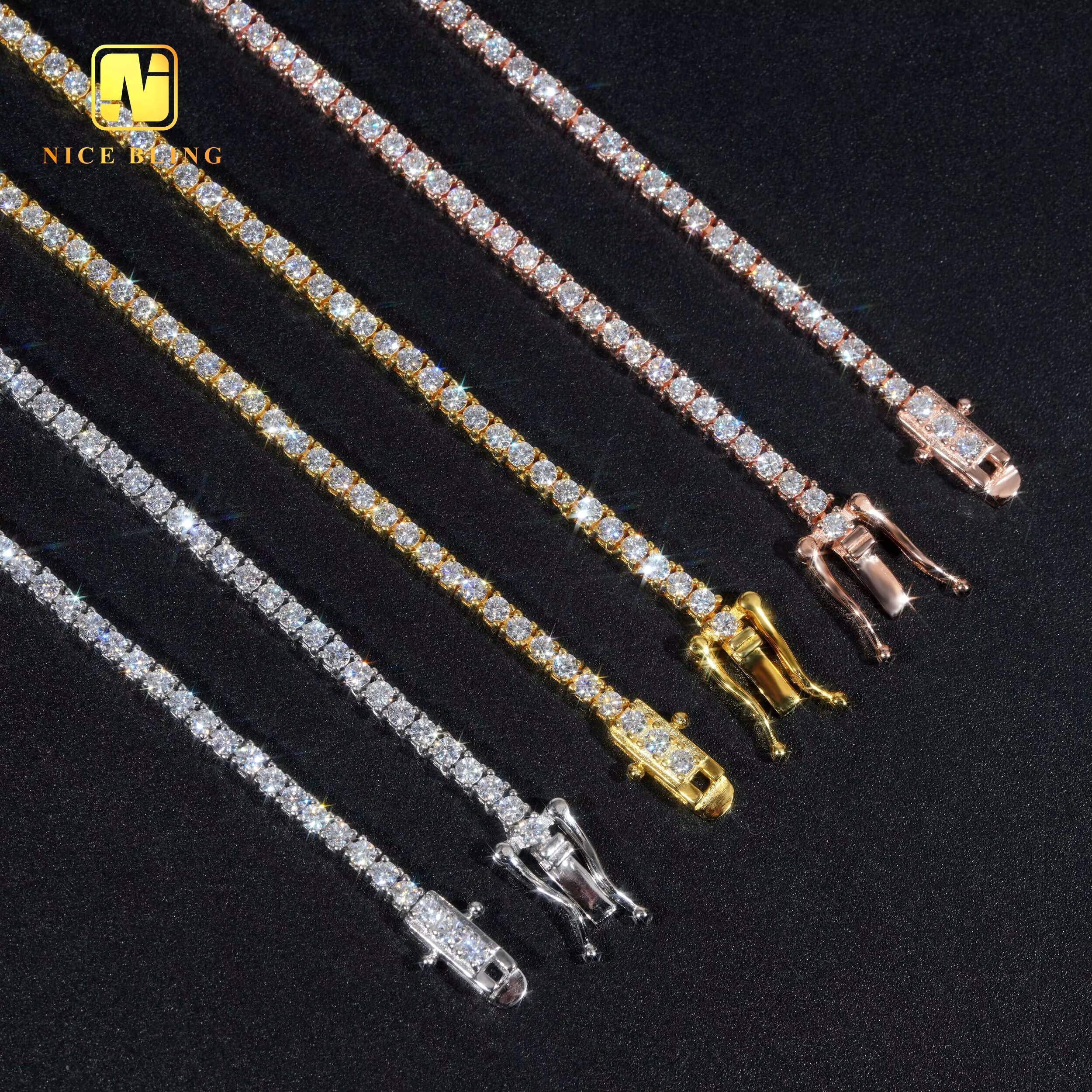 Hip Hop Fine Jewelry Tennis Necklace Vvs d Moissanite Tennis Chains Unisex 2mm Sterling Silver Gold Plated Tennis Chains