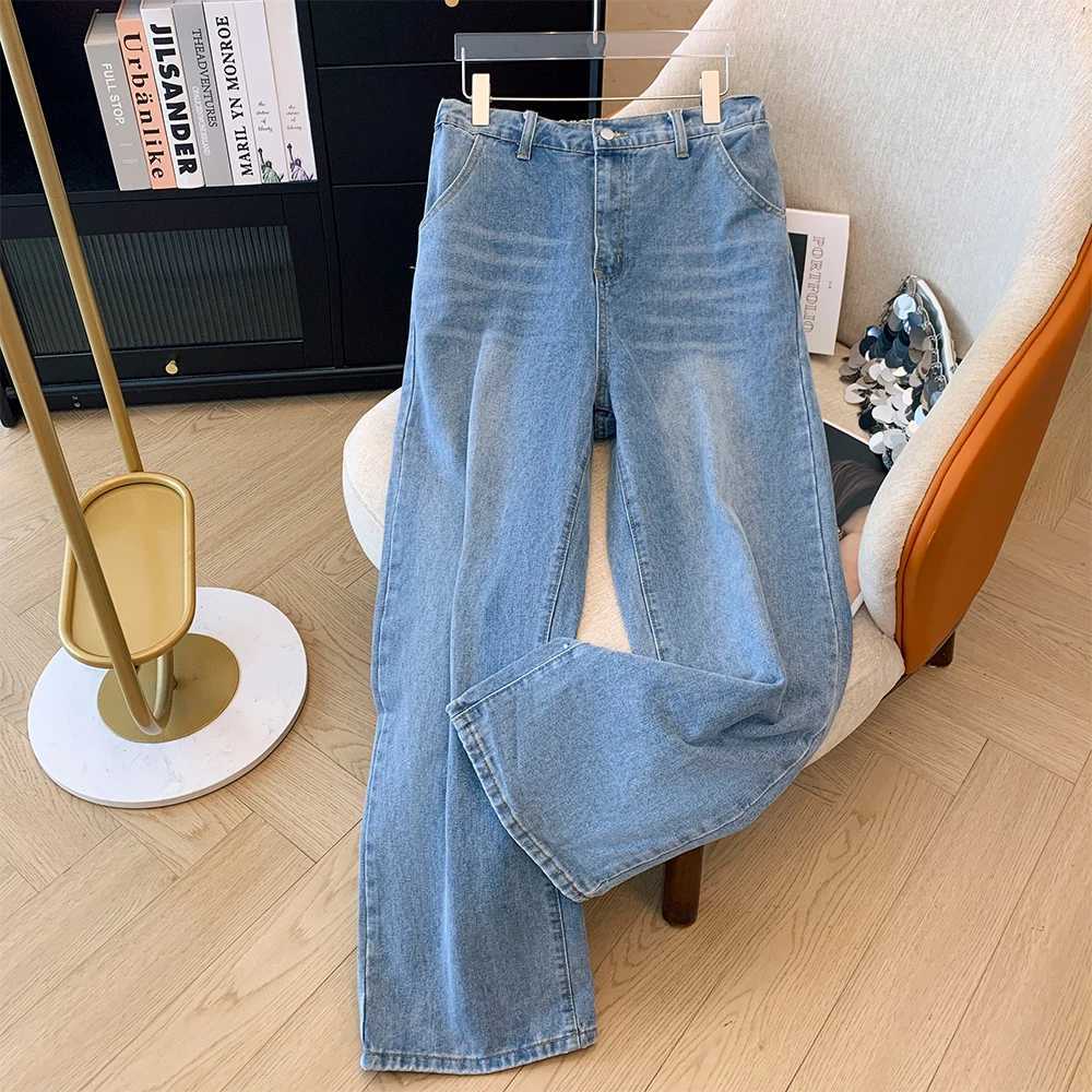 Plus-size Womens Fall Casual Commute Baggy Comfort Jeans Dark Blue High-waist-straight Leg Button Pocket Long Wide-leg Pants R250716