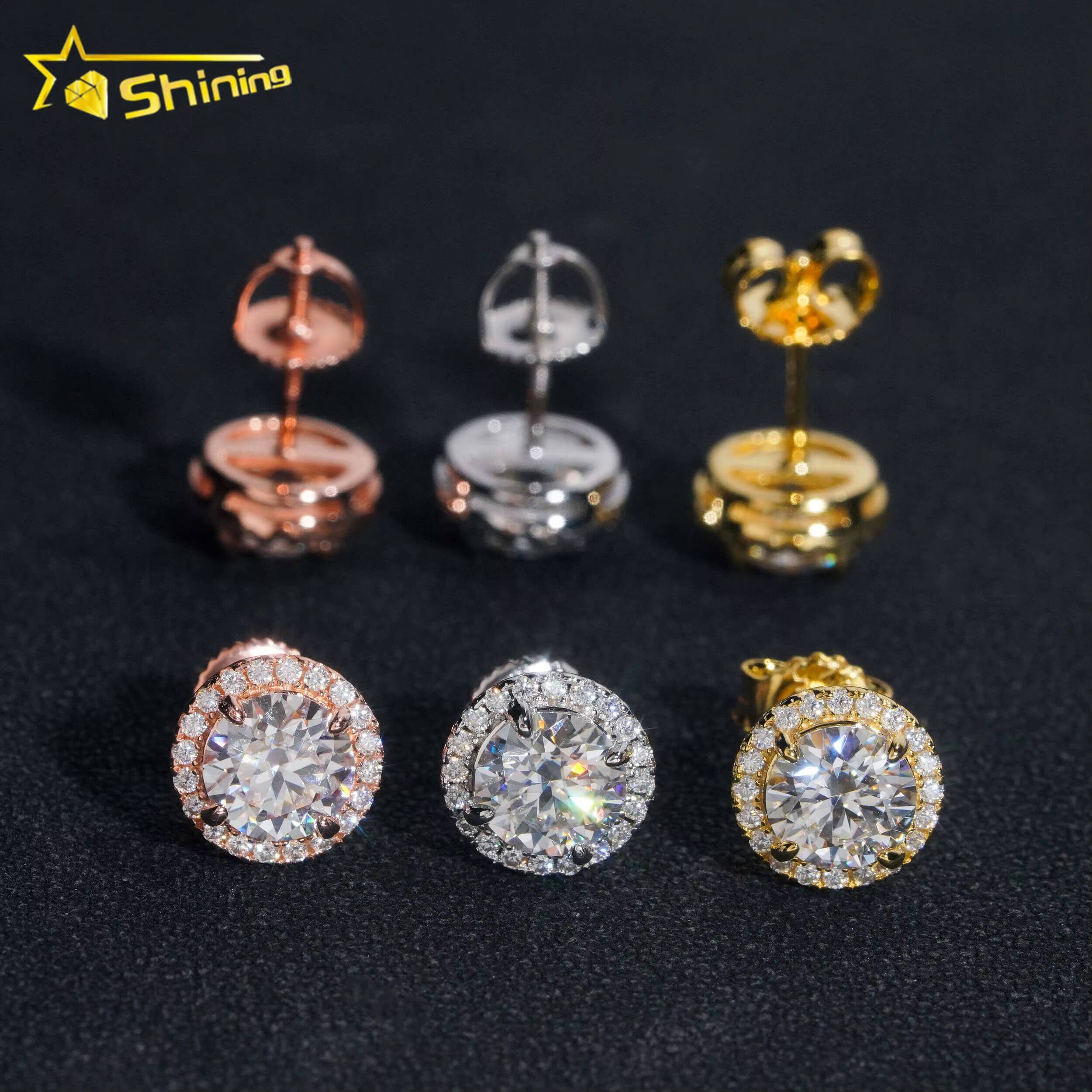 Ready to Ship Hip Hop Style Diamond Tester Certified 925 Silver Gold Plated VVS Diamond Moissanite Stud Earrings