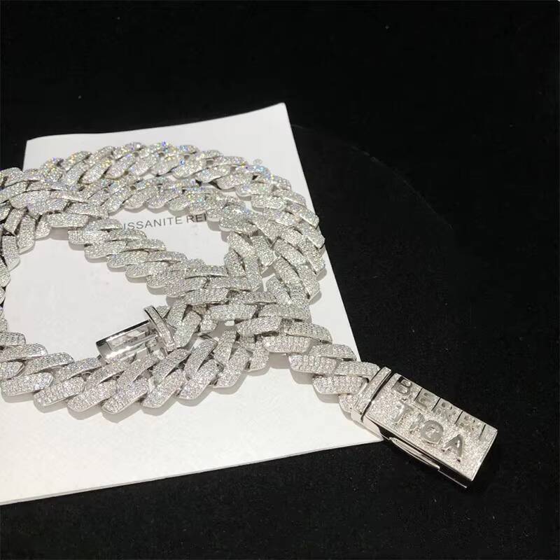 Hip Hop 925 Sterling Silver Iced Out Moissanite Miami Cuban Chain Link