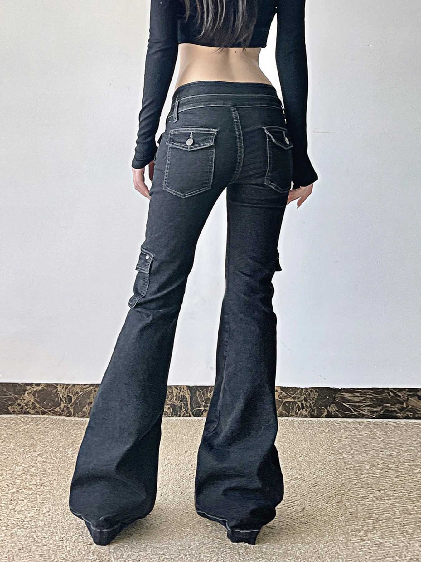 Weekeep Punk Style Star-shaped Rivet Jeans Low Rise Multi-pockets Patchwork Denim Cargo Pants Korean Fashion Hippie Flared Jeans R250716