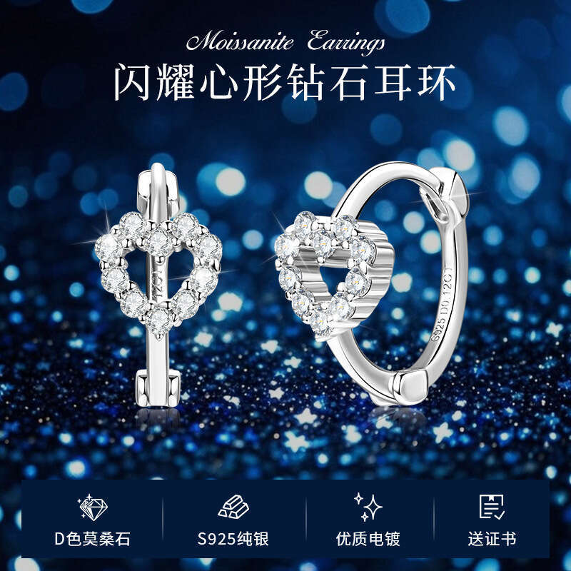 Moissanite Heart-Shaped Korean Style Fresh Hollow Heart Earrings Pure Sier Elegant Sweet Cute 370