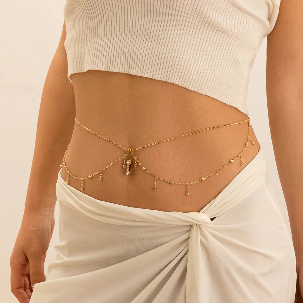 IngeSight.Z Simple Gold Color Stainless Steel Waist Chain for Women Classic Zircon Pendant Sexy Double Layer Body Chain Jewelry 250716