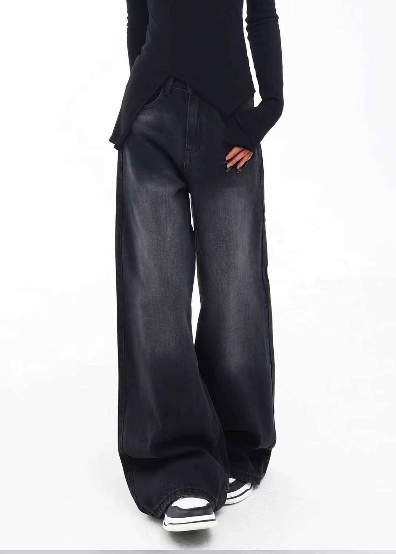 Teenage Girls Vintage Washed Black Long Jeans - Loose Casual Wide-Leg Straight-Cut Pants R250716