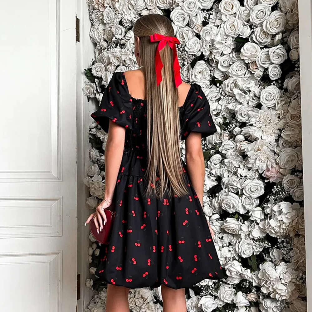 Square Neck Puff Sleeve Summer New Waist-Cinching Printed Short Dress B5