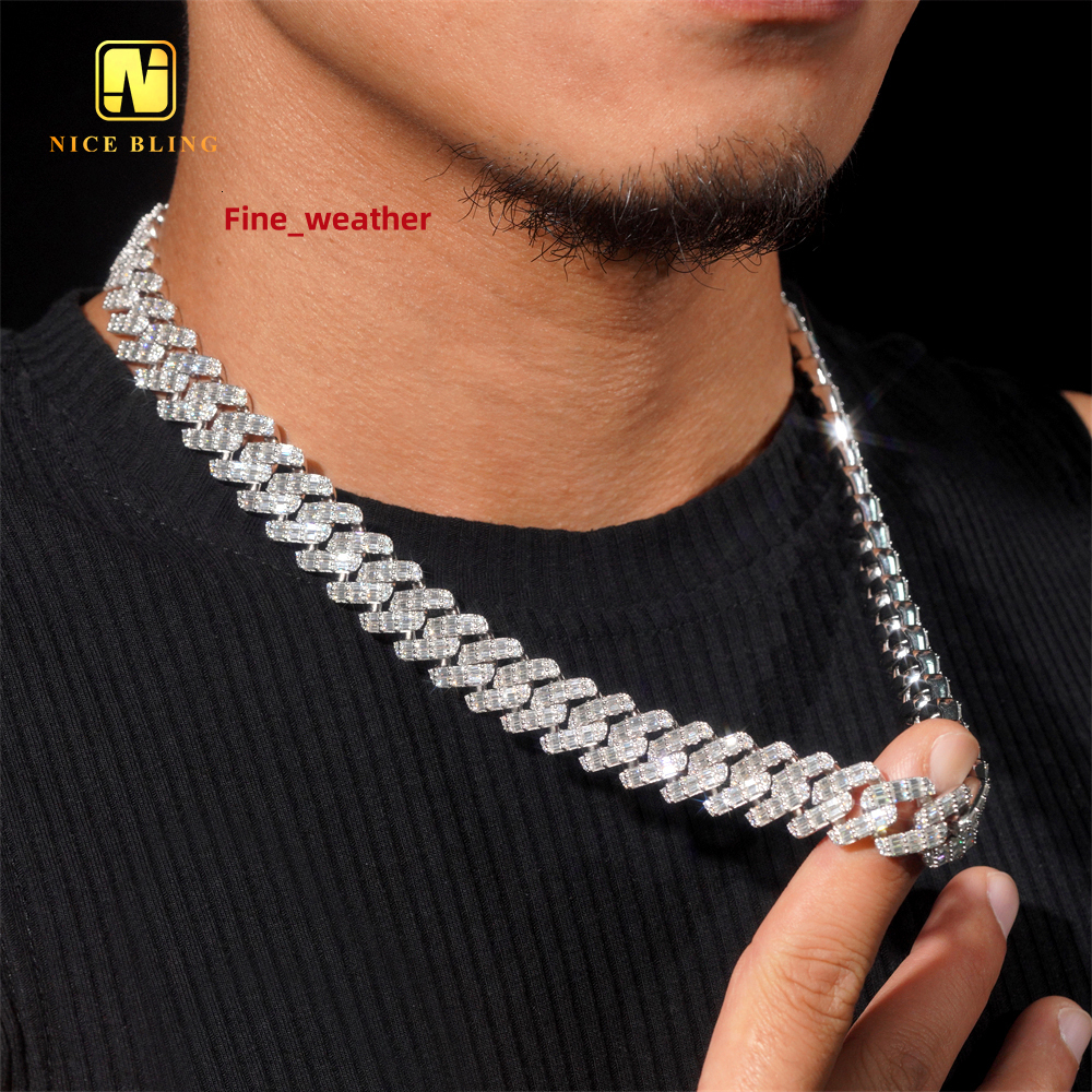 Iced Out Mens Jewelry Hip Hop Sparkle 925 Sterling Silver 15MM VVS Moissanite Baguette Diamond Cuban Link Bracelet Necklace