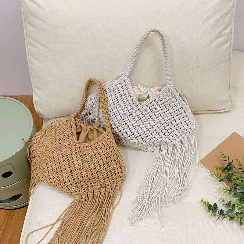 Fashion Tassel Hollow Shoulder For Women Brand Largecapacity Retro Hand-woven Beach Bag New Commute Versatile Totebag