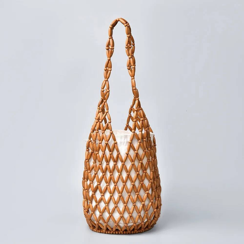 Women Beaded Summer Design Hollow-out Wooden Bead Tote Bucket Shoulder Bag Female Beach Handbag