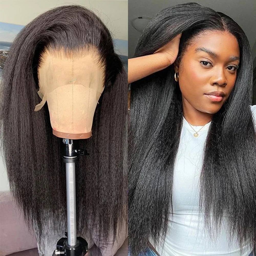 High Density Kinky Straight 360 Lace Front Wigs 40 Inch Yaki Straight 13x4 HD Transparent Lace Frontal Wig Preplucked Synthetic Wig
