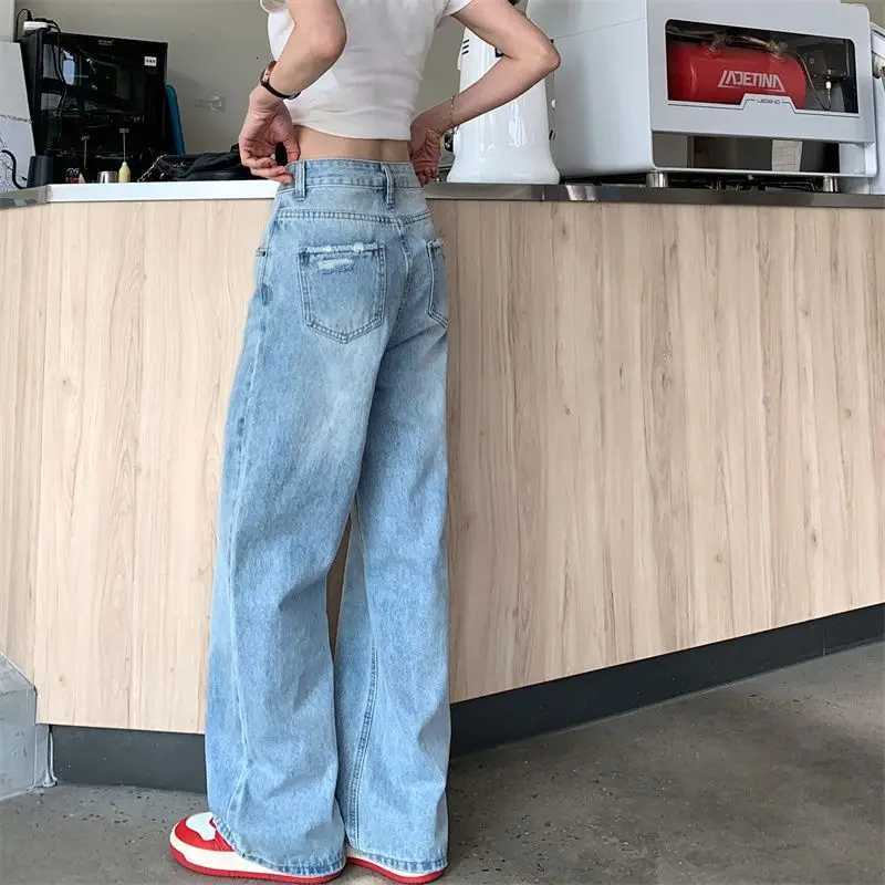 Washed Distressed Denim Straight Pants Vintage Women Jeans with Pockets High Waist Loose Fit Ankle Length Wide Leg Casual Pants Basics R250716